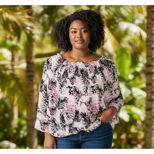 Retro Tropical Womens Top Plus 18W Pink Black Palm Crinkle Flowy Beachy Comfort
